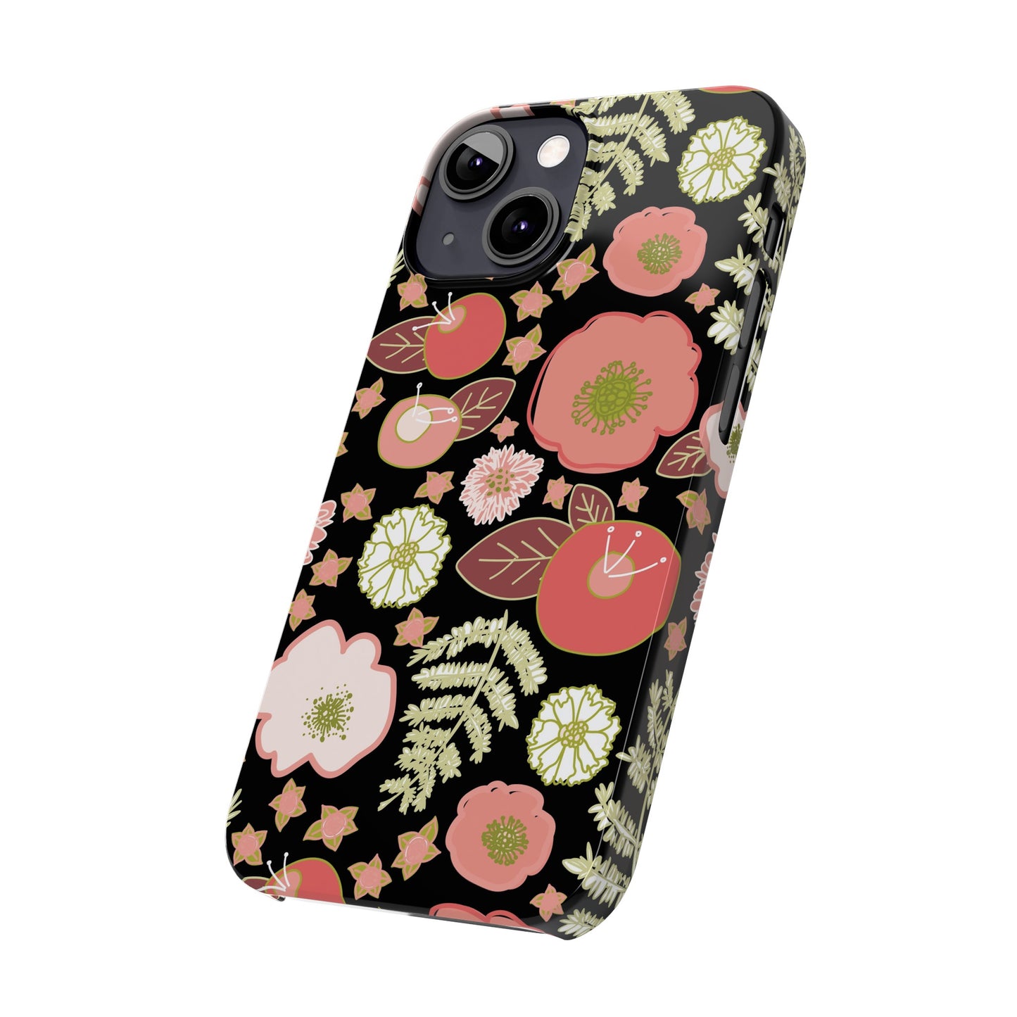 Coral Flowers on Black Slim Phone Cases