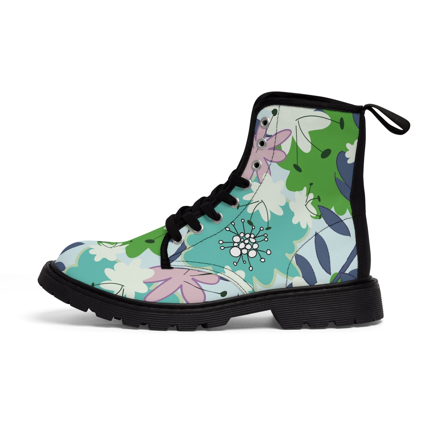 Mid Mod flowers in blue and green Women's Canvas Boots