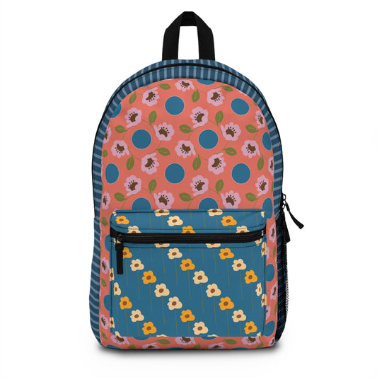 Wildflowers with Dots in Coral and Blue Backpack