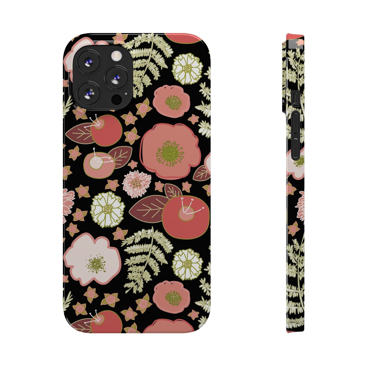 Coral Flowers on Black Slim Phone Cases