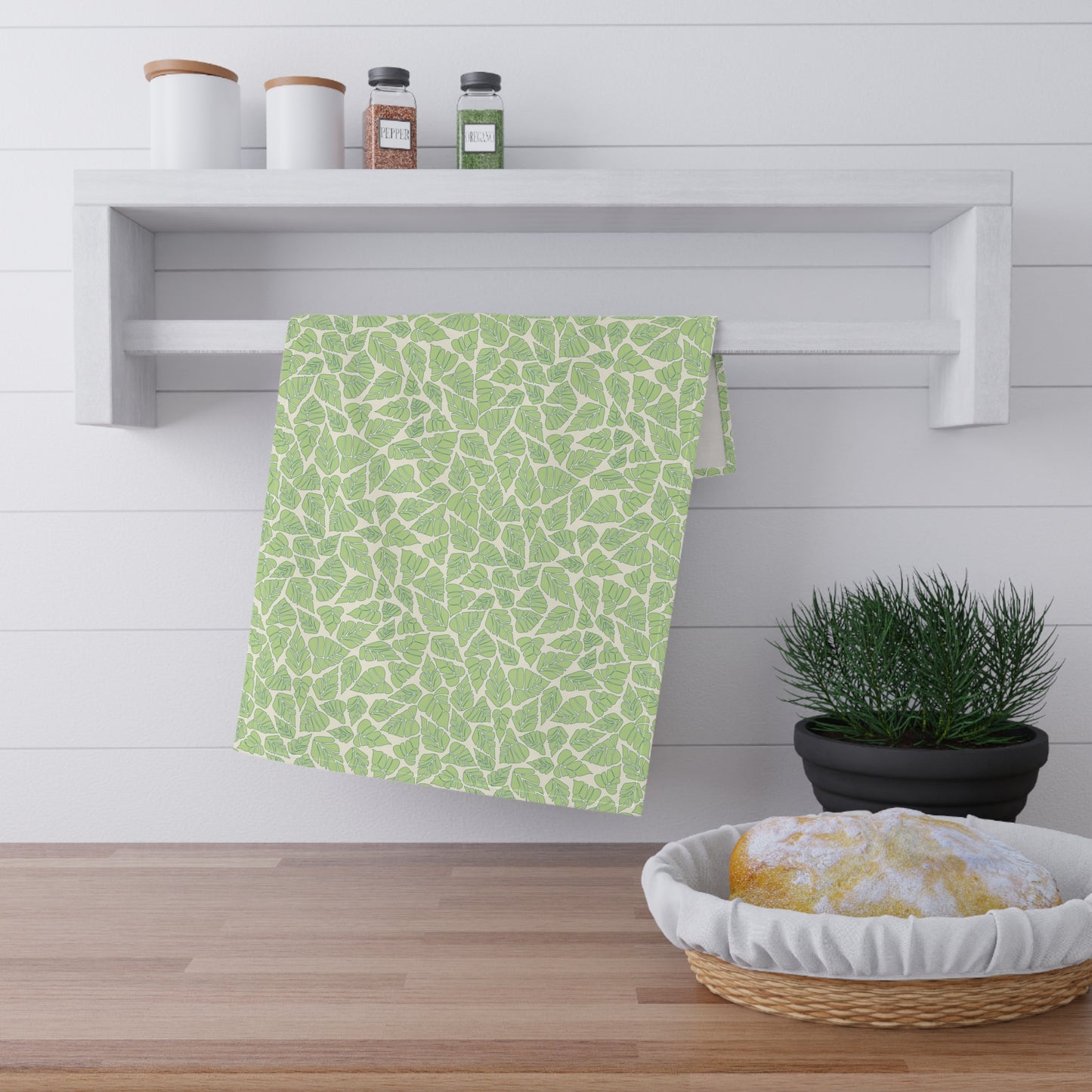 Green Leaves on Cream Kitchen Towel