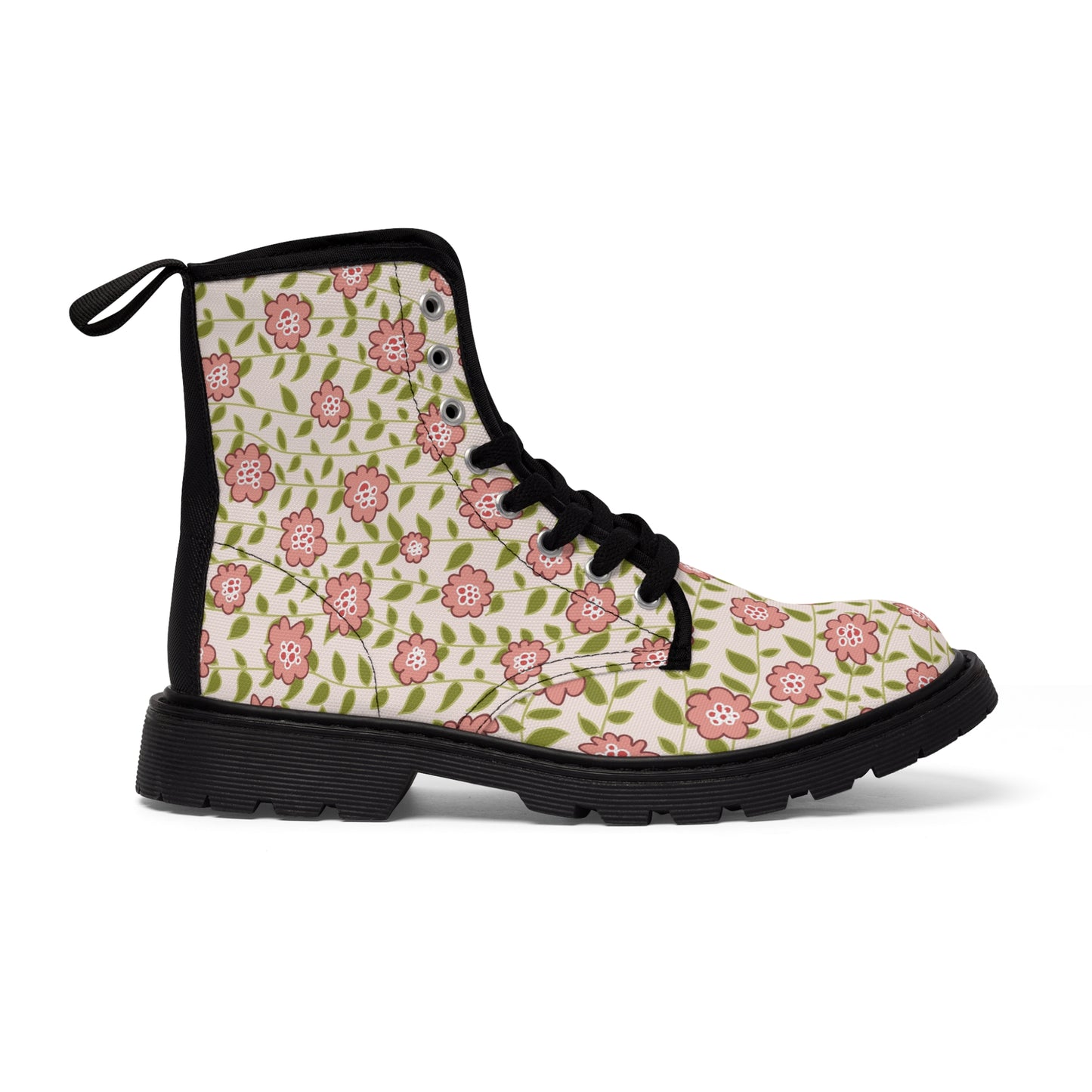 Coral flower vine on Cream Women's Canvas Boots