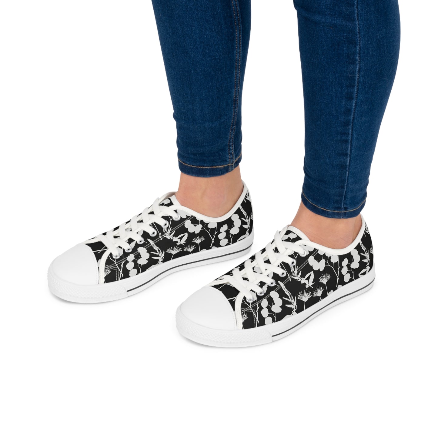 Black and White Floral Women's Low Top Sneakers