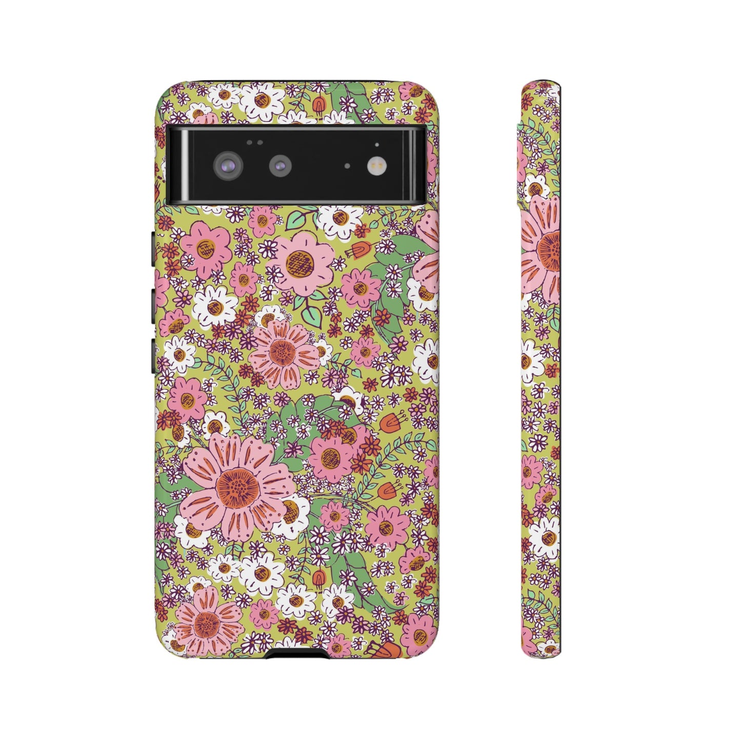 Cheerful Watercolor Flowers in Bright Green Tough Cases for Google Pixel