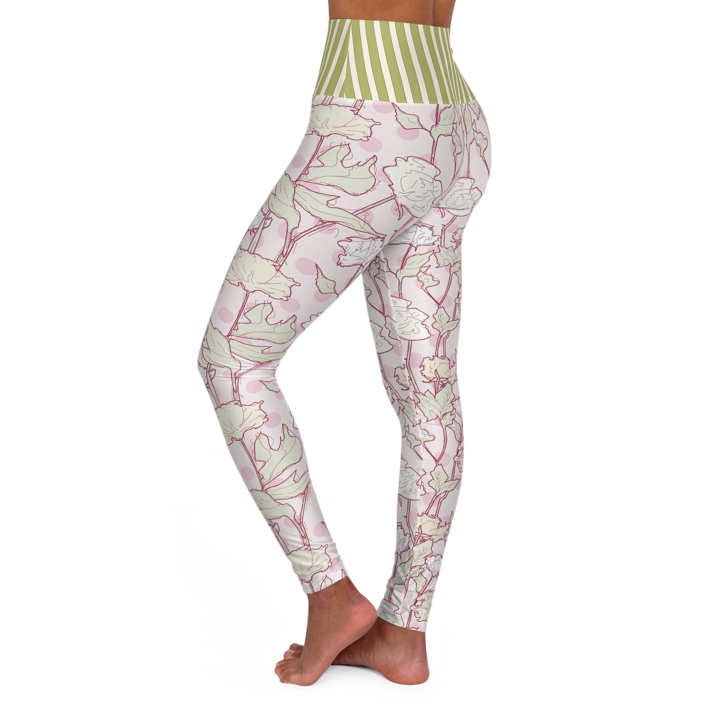 Roses and Dots in Pink High Waisted Yoga Leggings