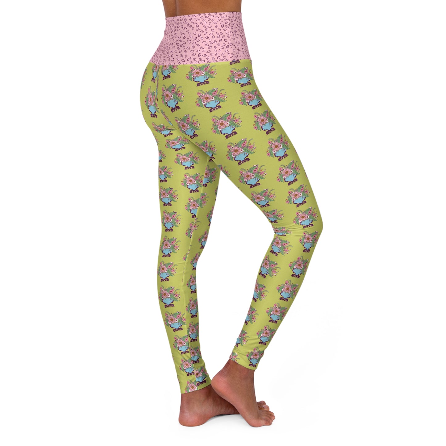 Cheerful Watercolor Flowers in Vase on Bright Green High Waisted Yoga Leggings