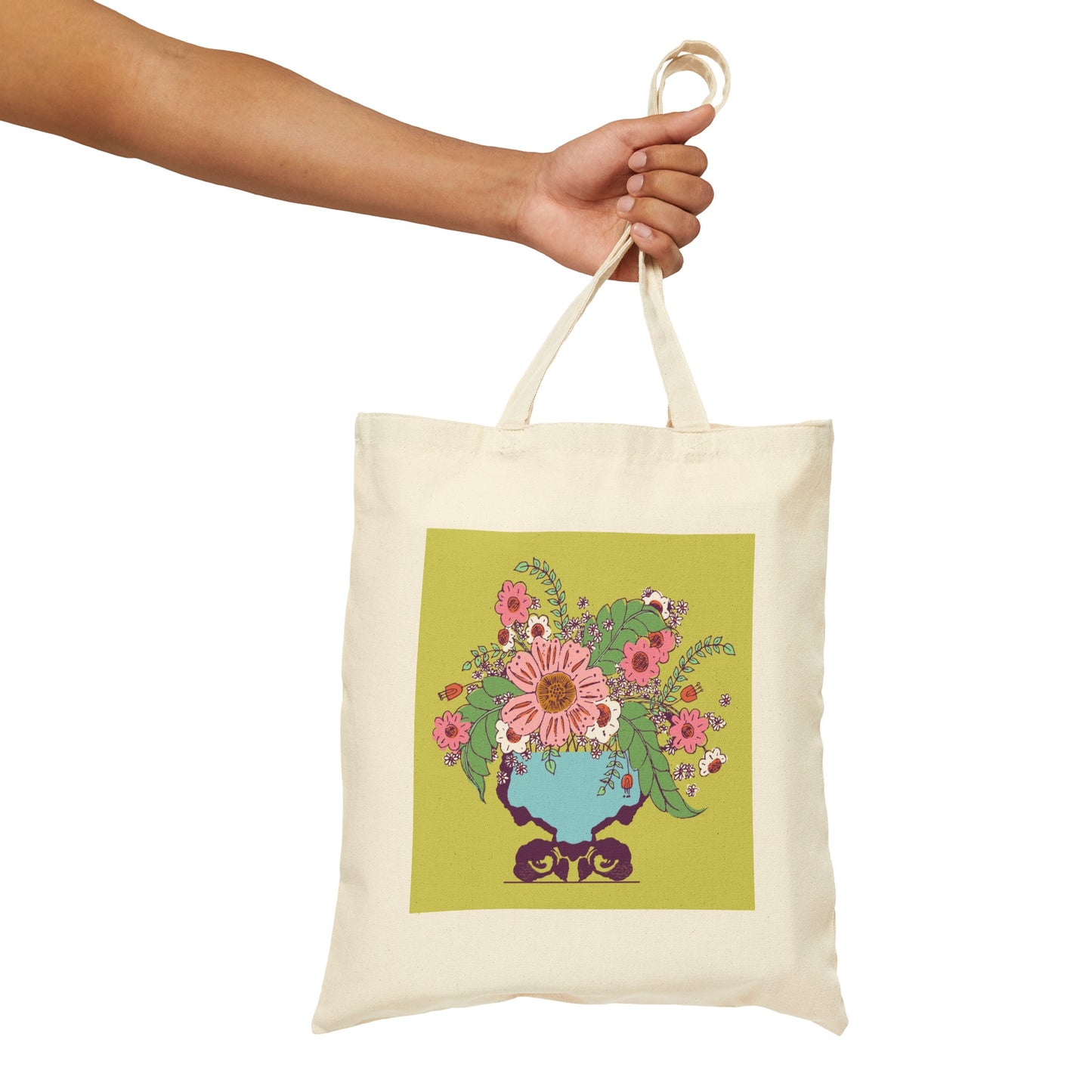 Cheerful Watercolor Flowers in Vase on Bright Green Cotton Canvas Tote Bag