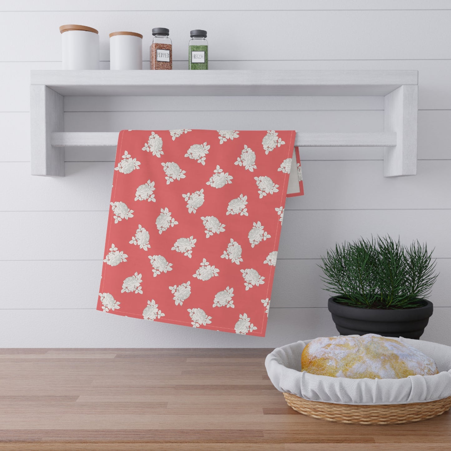 Cream Roses on Coral Kitchen Towel