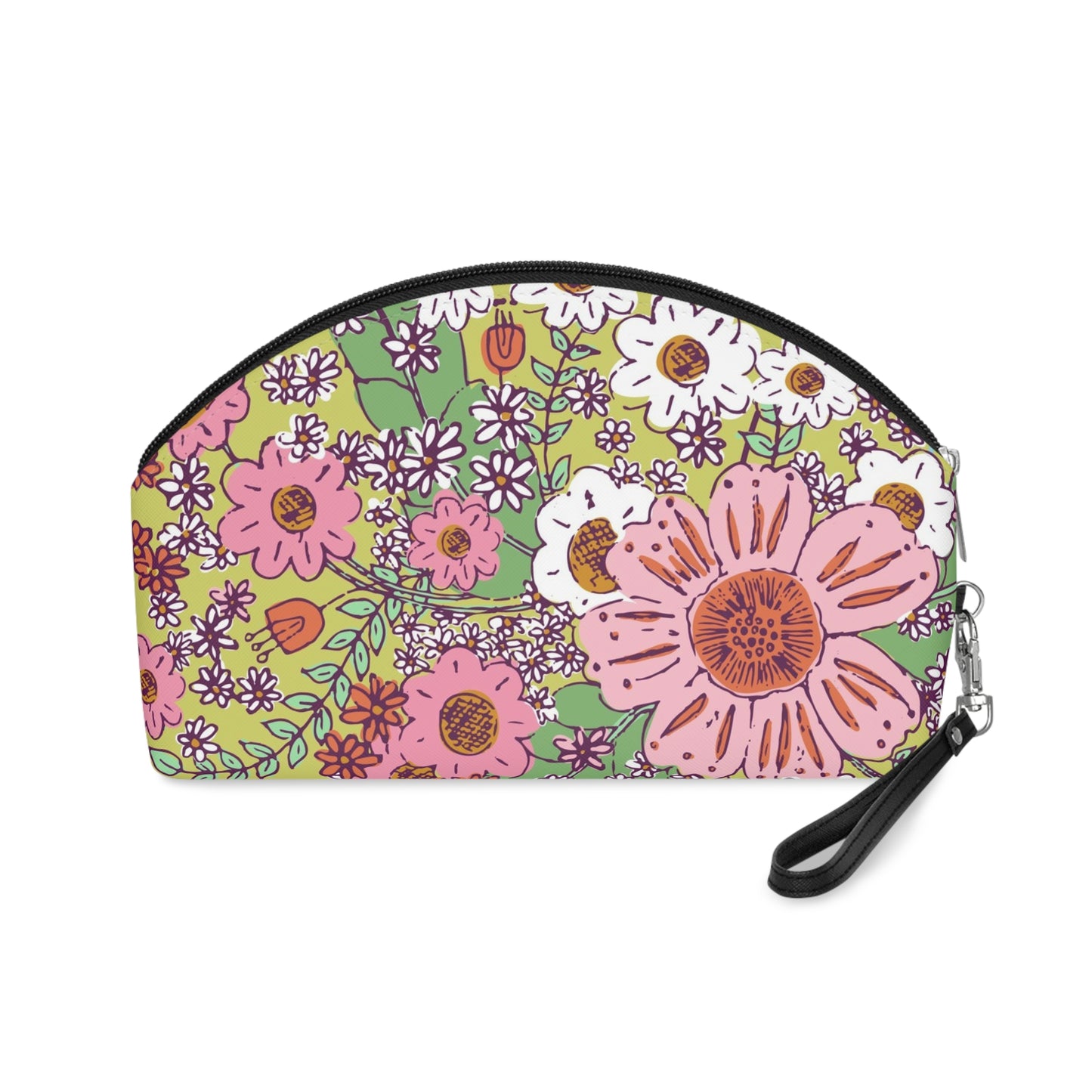 Cheerful Watercolor Flowers on Bright Green Makeup Bag