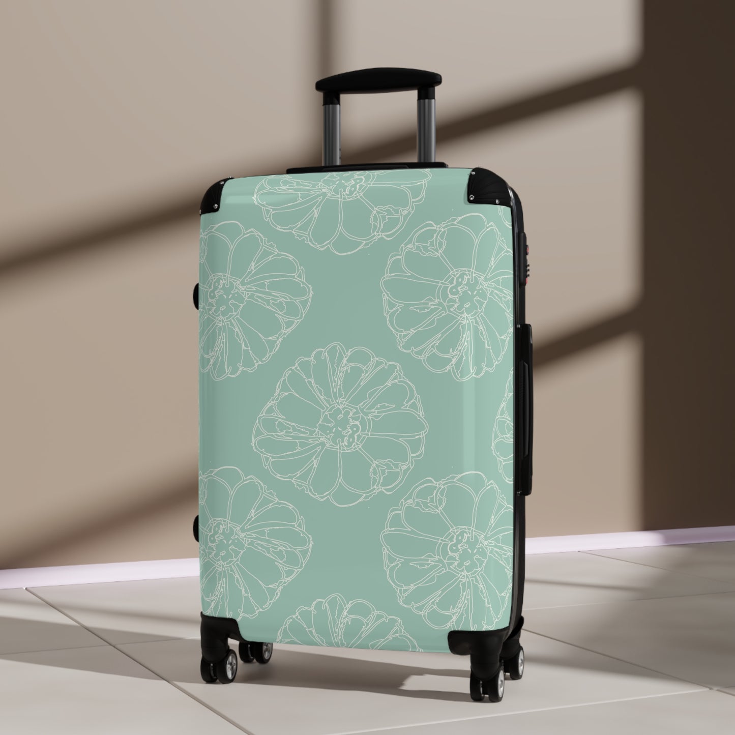 Cream Flower Outline on Aqua Suitcase