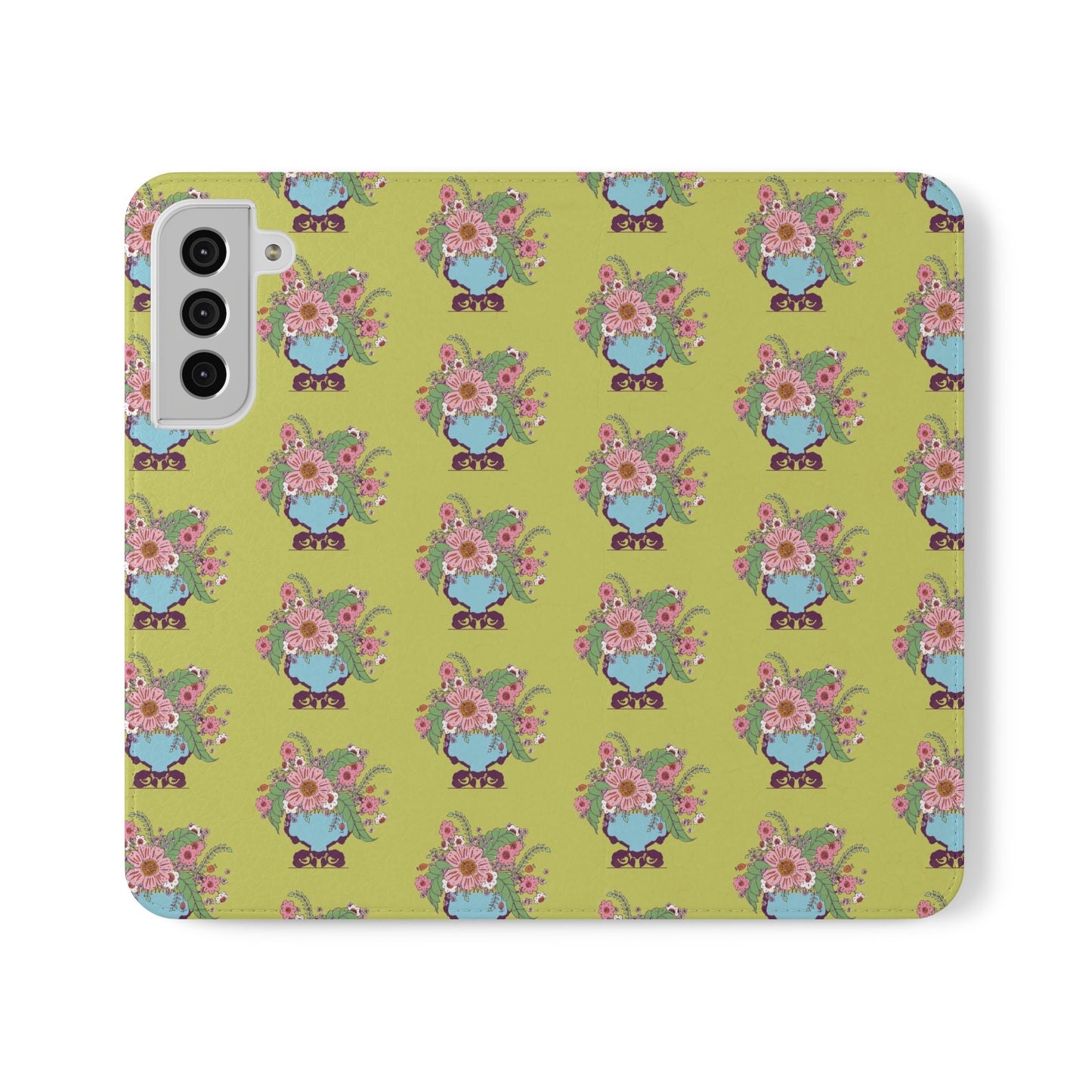 Cheerful Watercolor Flowers in Vase on Bright Green Flip Cases for Samsung