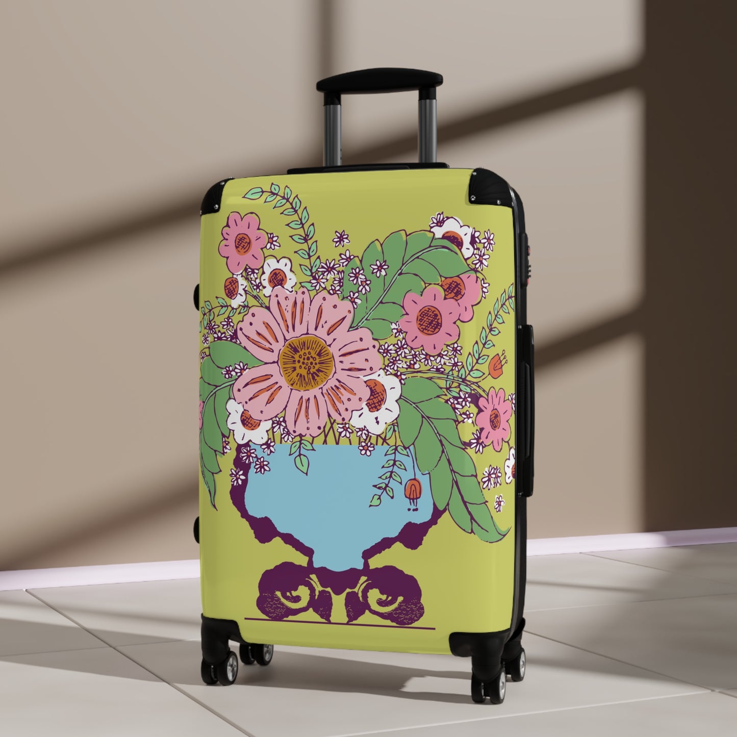 Cheerful Watercolor Flowers in Vase on Bright Green Suitcase