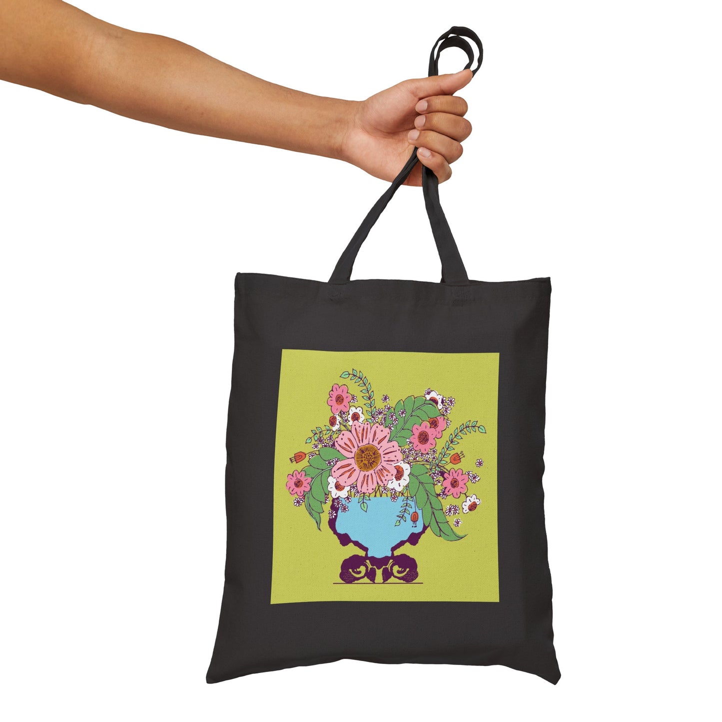 Cheerful Watercolor Flowers in Vase on Bright Green Cotton Canvas Tote Bag