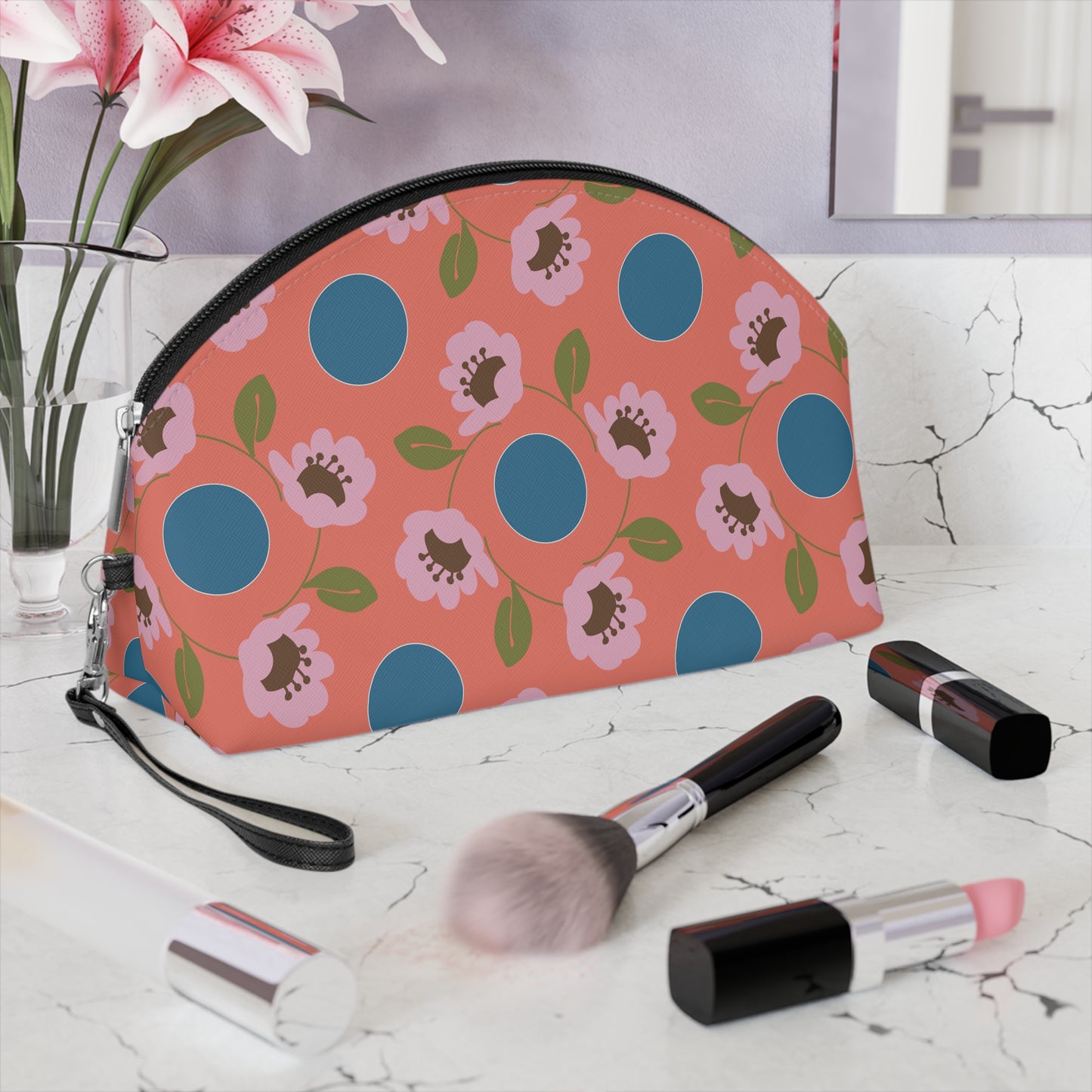 Wildflowers with Dots in Coral and Blue Makeup Bag