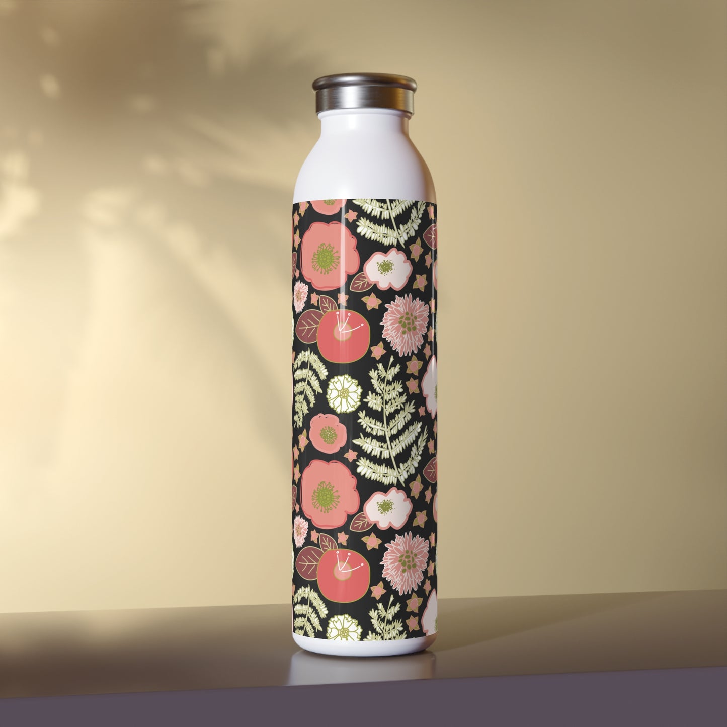 Coral Flowers on Black Slim Water Bottle