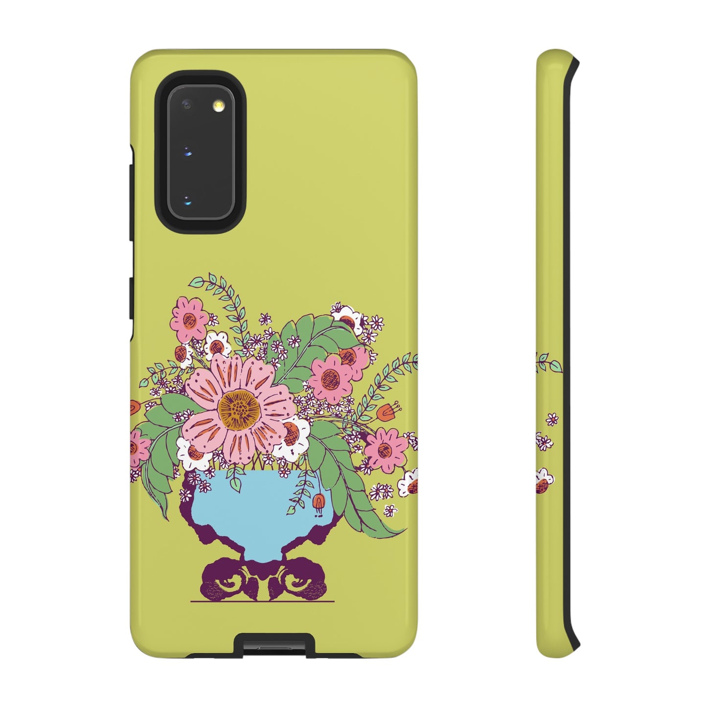 Cheerful Watercolor Flowers in Vase on Bright Green Tough Cases for Samsung