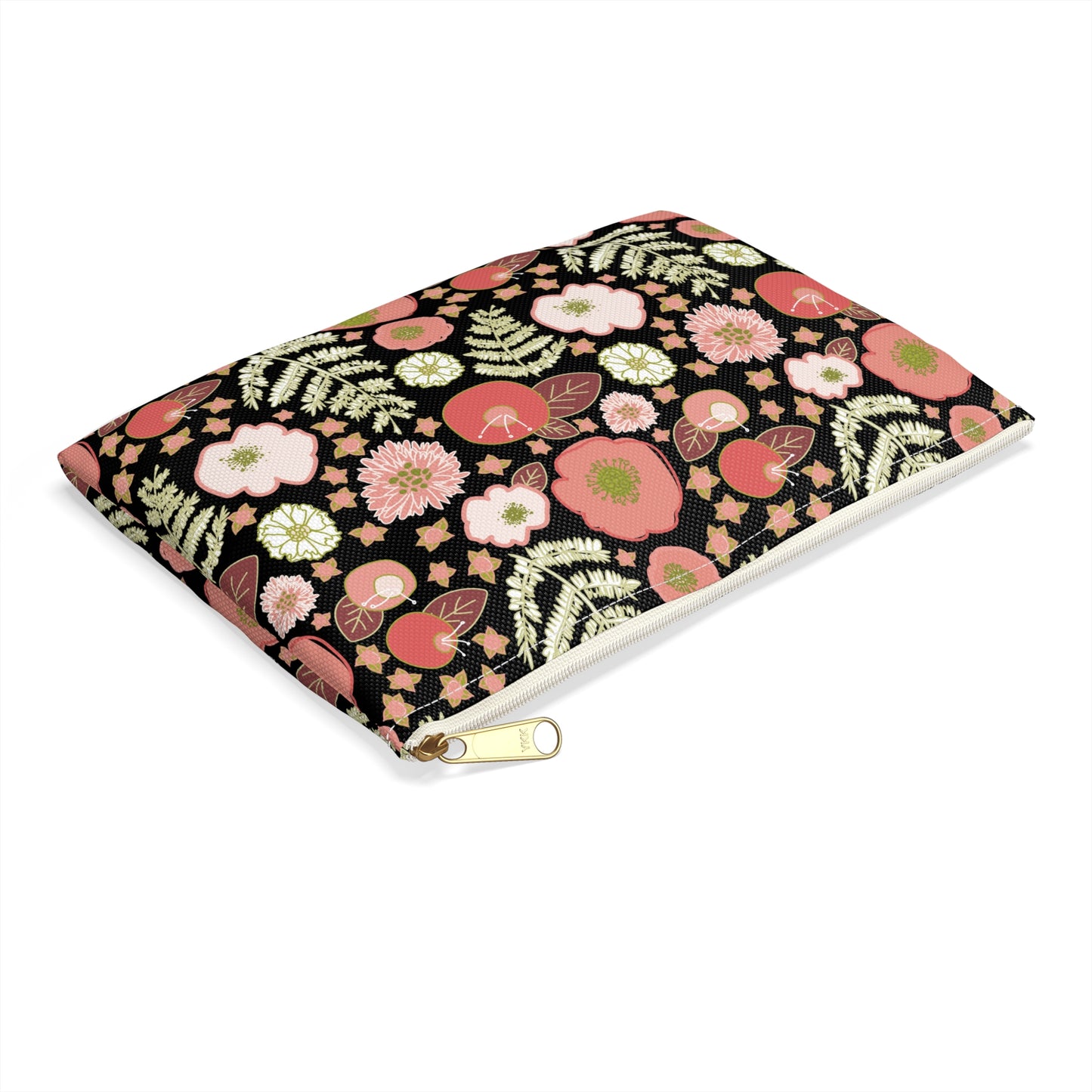 Coral Flowers on Black Accessory Pouch