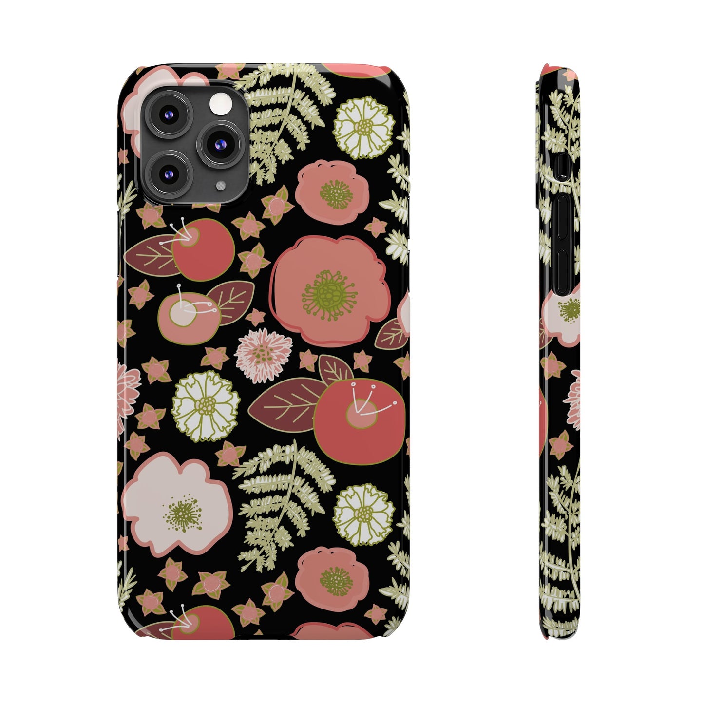 Coral Flowers on Black Slim Phone Cases