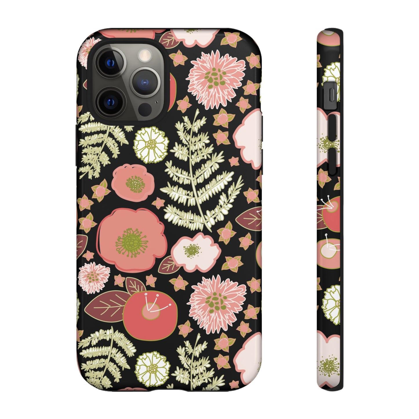 Coral Flowers on Black Tough Cases for iPhone