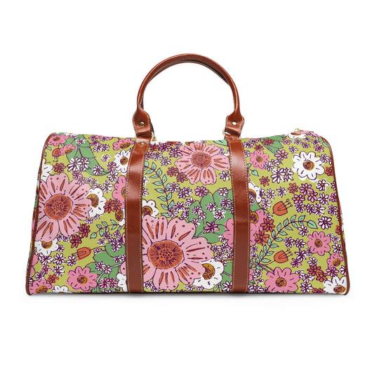 Cheerful Watercolor Flowers on Bright Green Waterproof Travel Bag