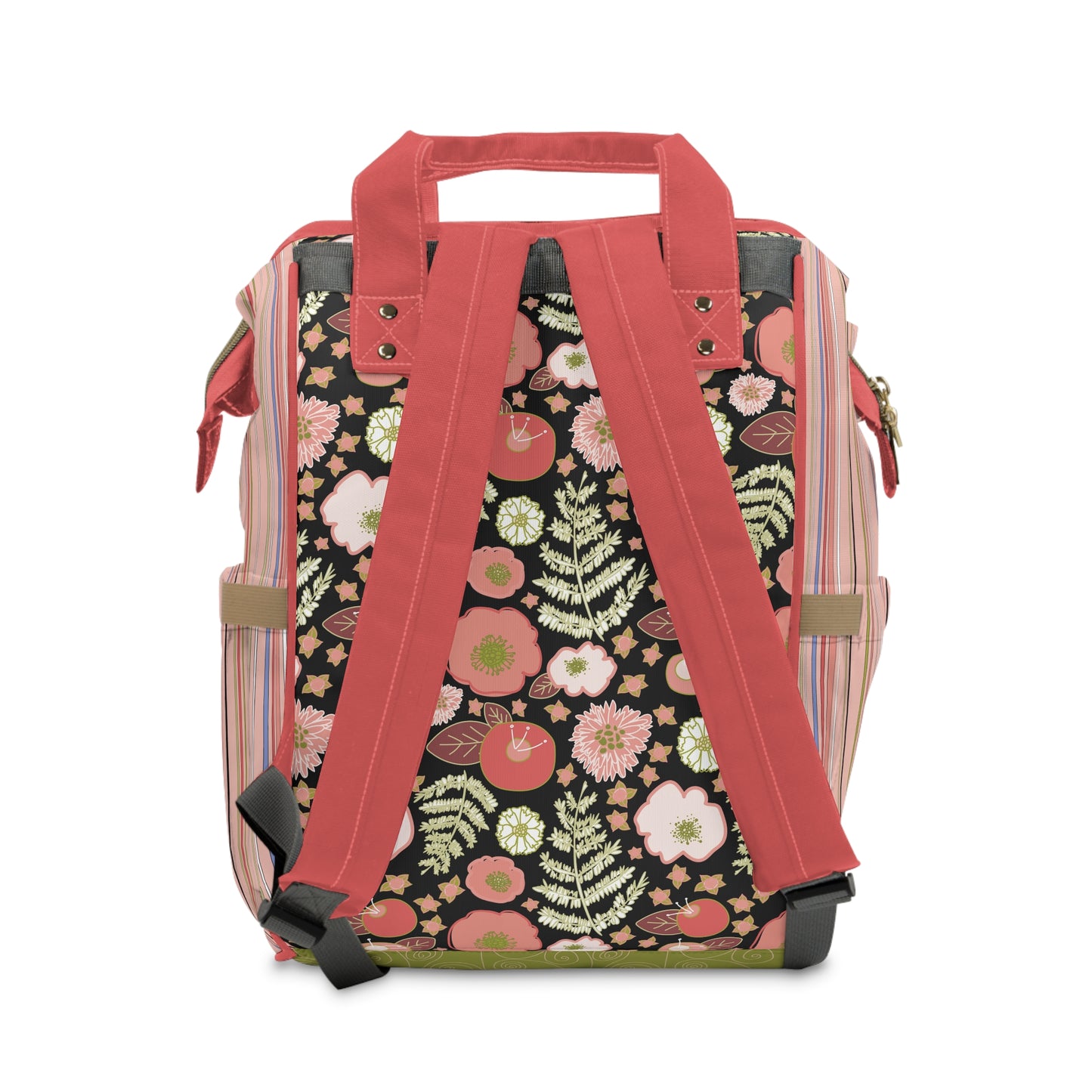 Coral Flowers on Black Multifunctional Diaper Backpack