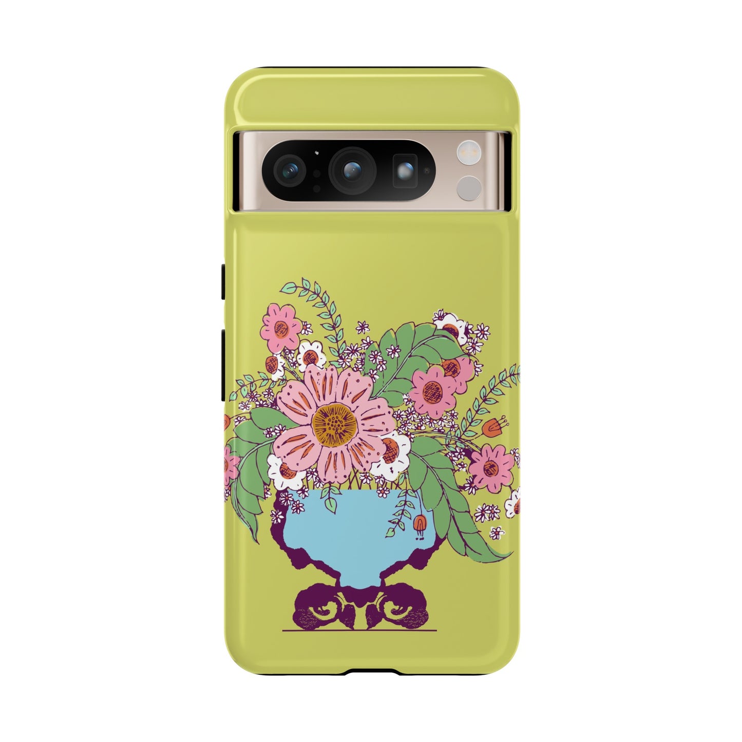 Cheerful Watercolor Flowers in Vase on Bright Green Tough Cases for Google Pixel