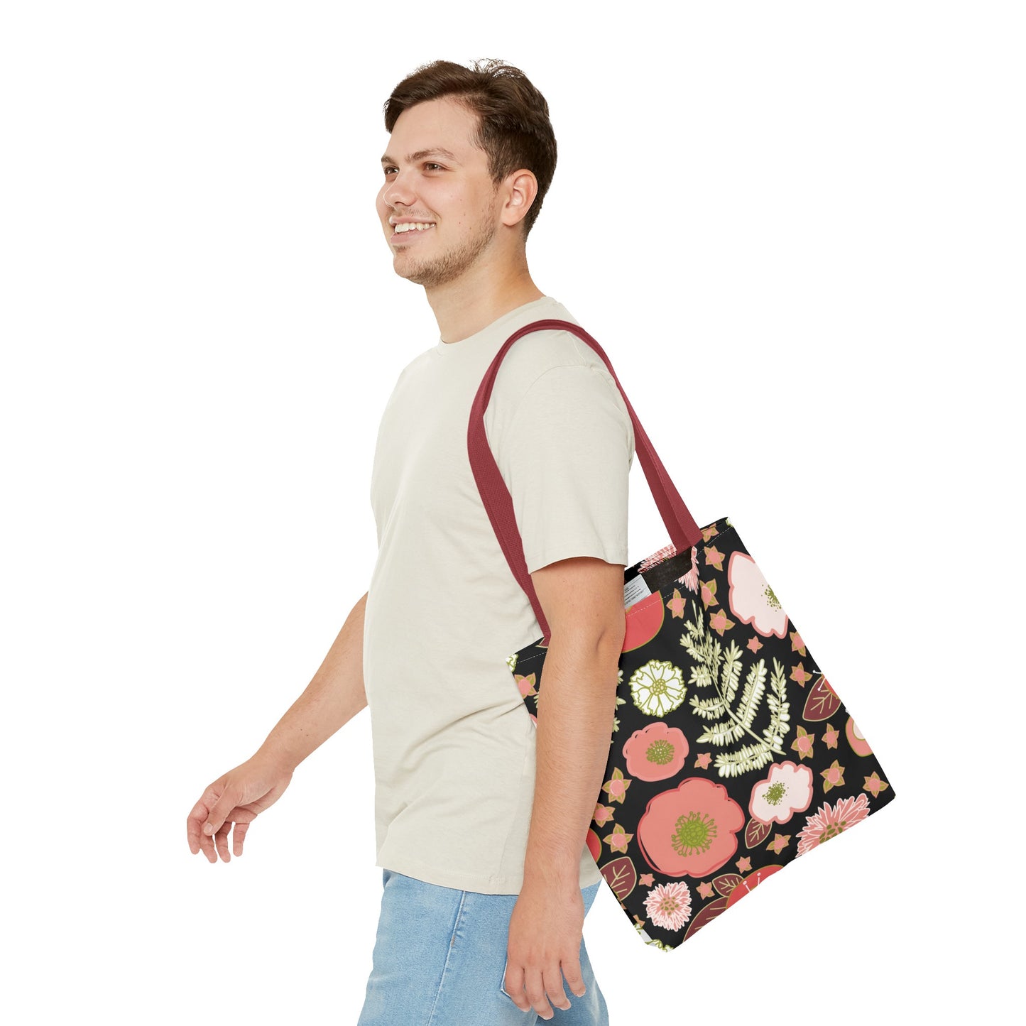 Coral Flowers on Black Tote Bag