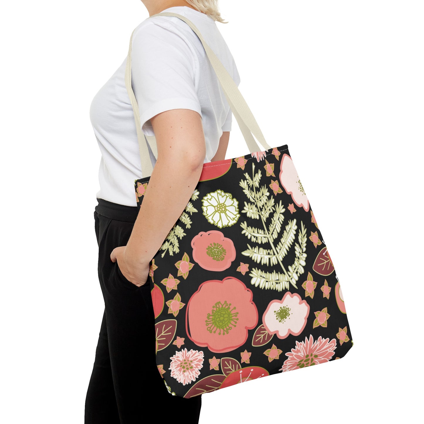 Coral Flowers on Black Tote Bag