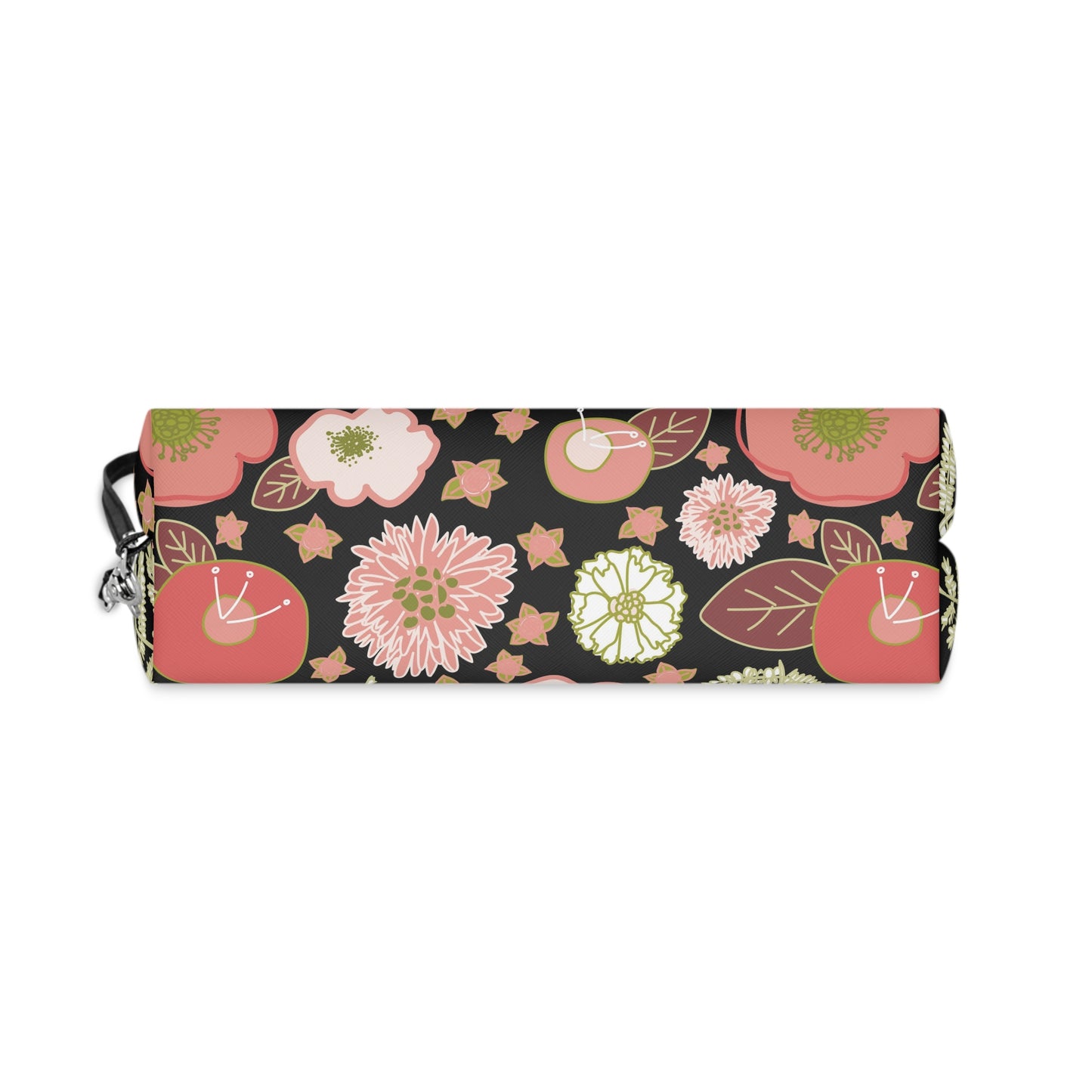 Coral Flowers on Black Makeup Bag