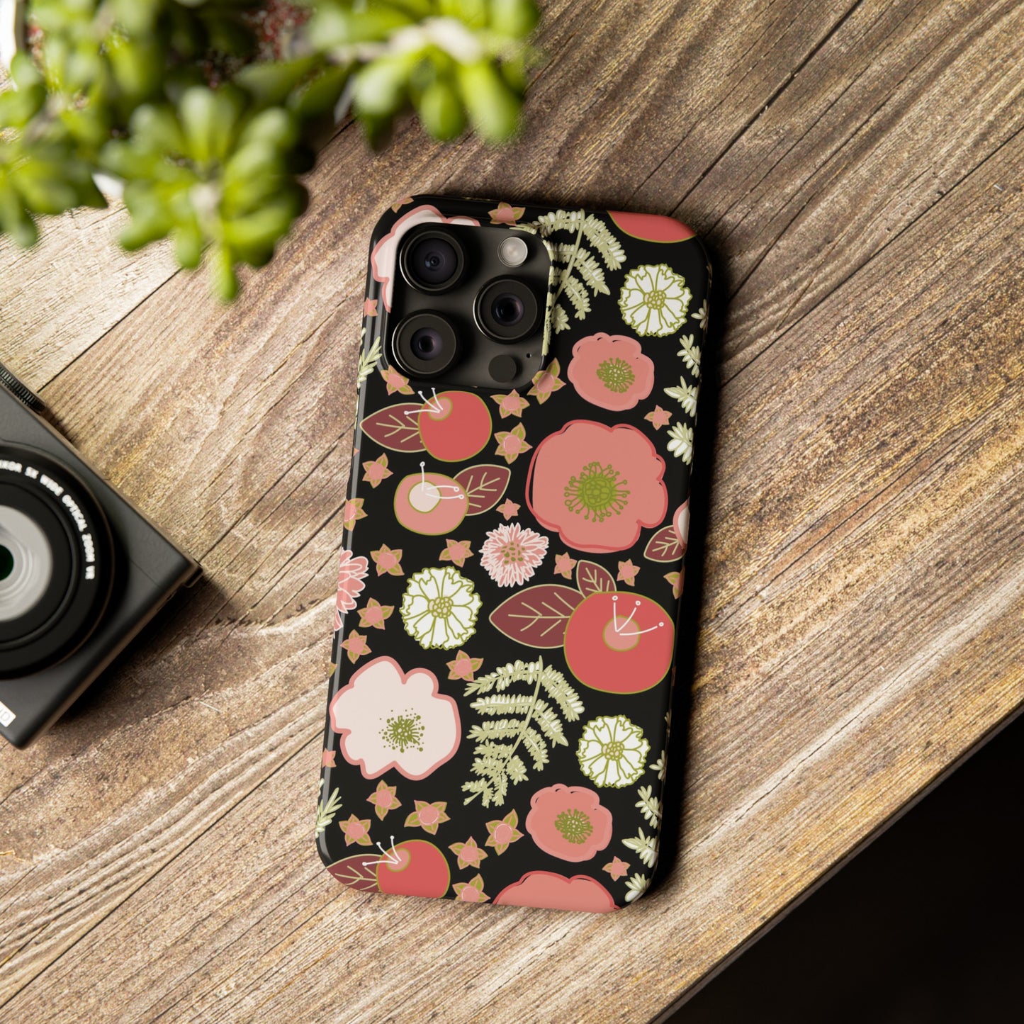 Coral Flowers on Black Slim Phone Cases