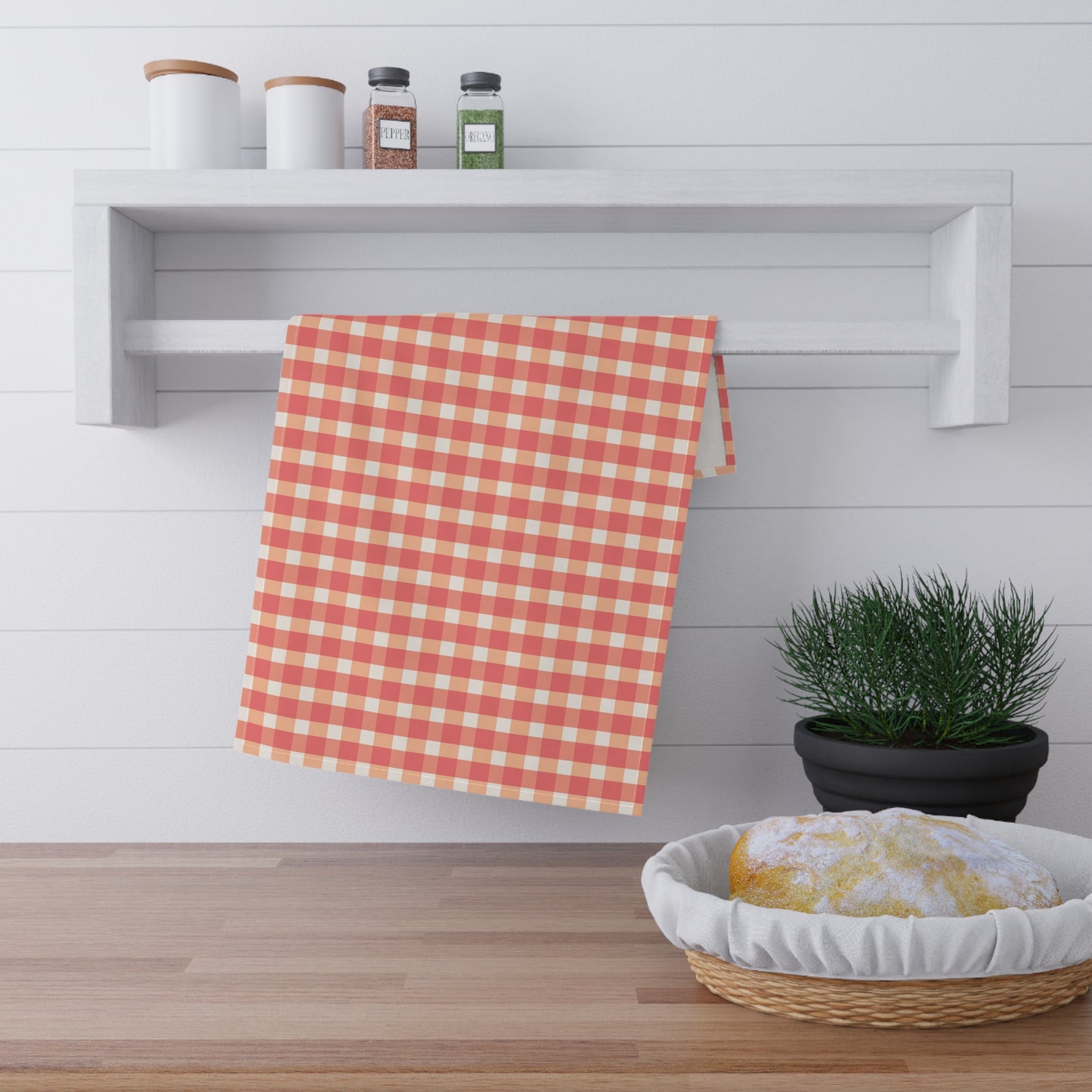 Peach and Cream Simple Gingham Check Kitchen Towel