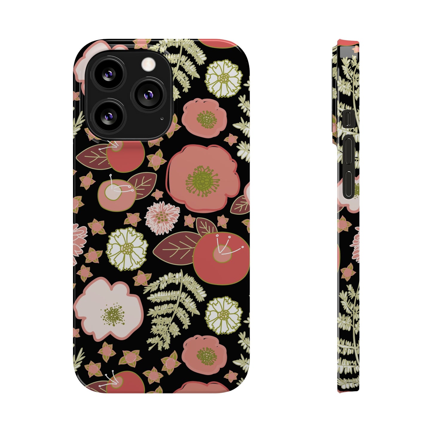 Coral Flowers on Black Slim Phone Cases