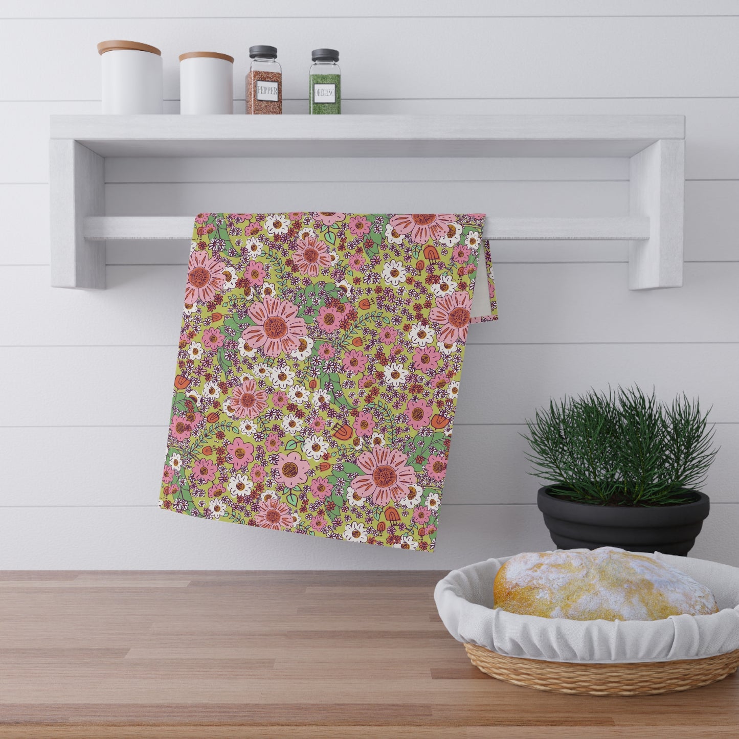 Cheerful Watercolor Flowers on Bright Green Kitchen Towel