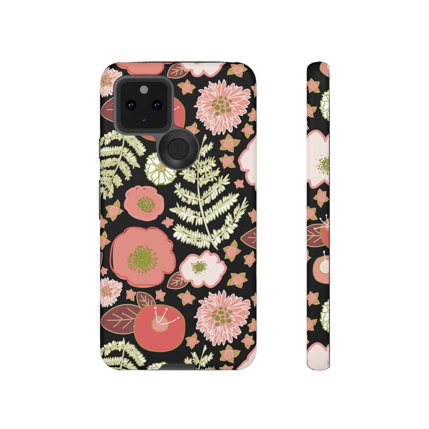 Coral Flowers on Black Tough Cases for Google Pixel