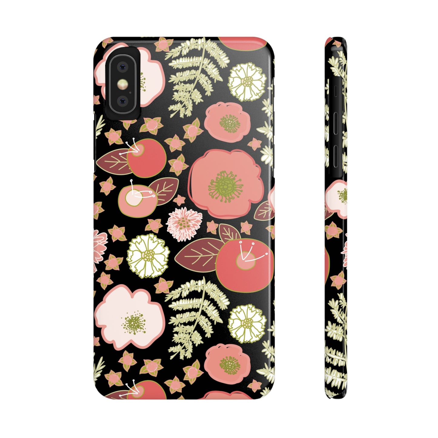 Coral Flowers on Black Slim Phone Cases