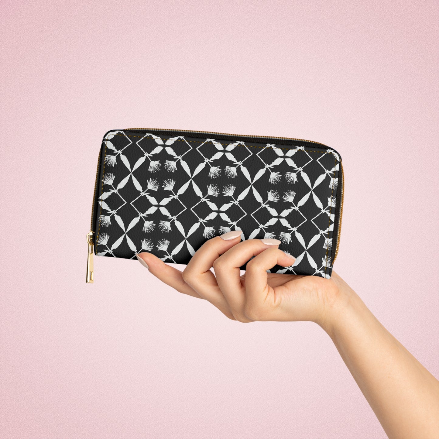 Black and White Floral Zipper Wallet