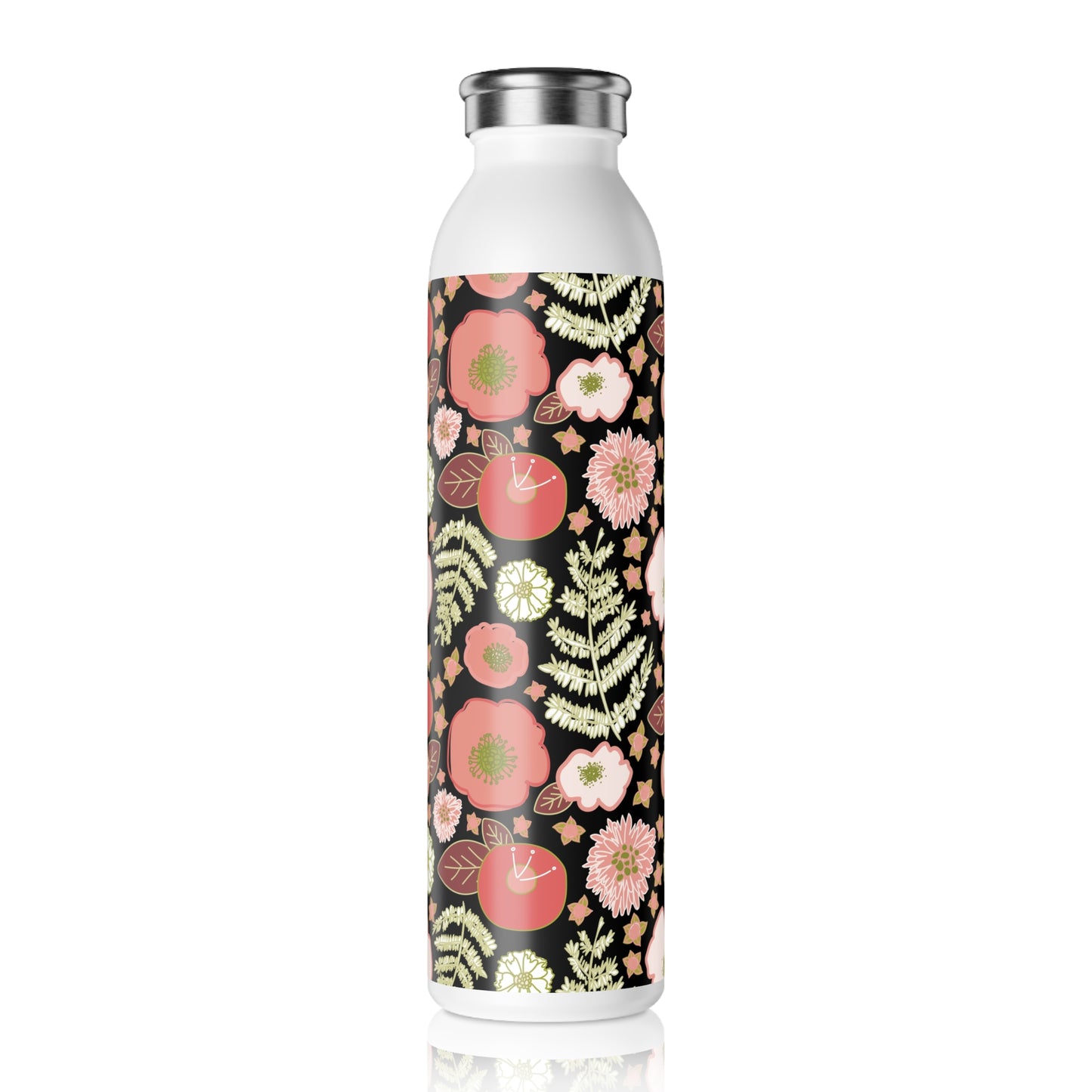 Coral Flowers on Black Slim Water Bottle