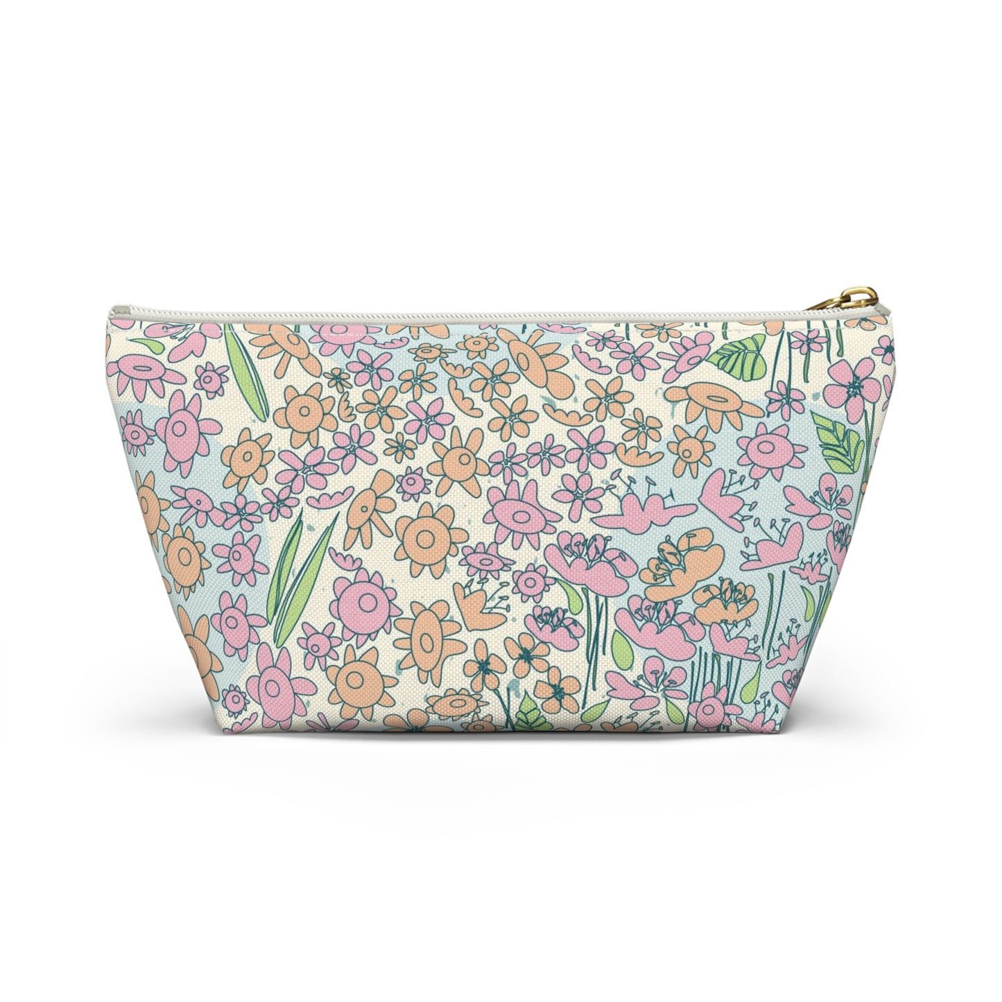 Orange and Pink Flowers on Blue Dot Accessory Pouch w T-bottom