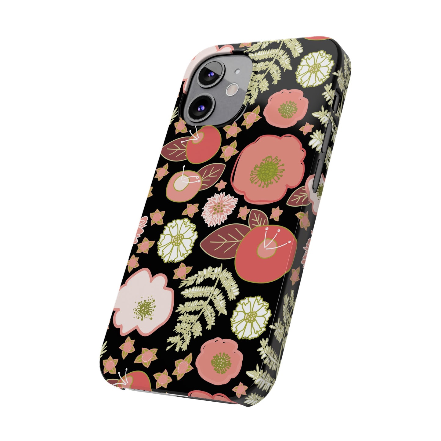 Coral Flowers on Black Slim Phone Cases