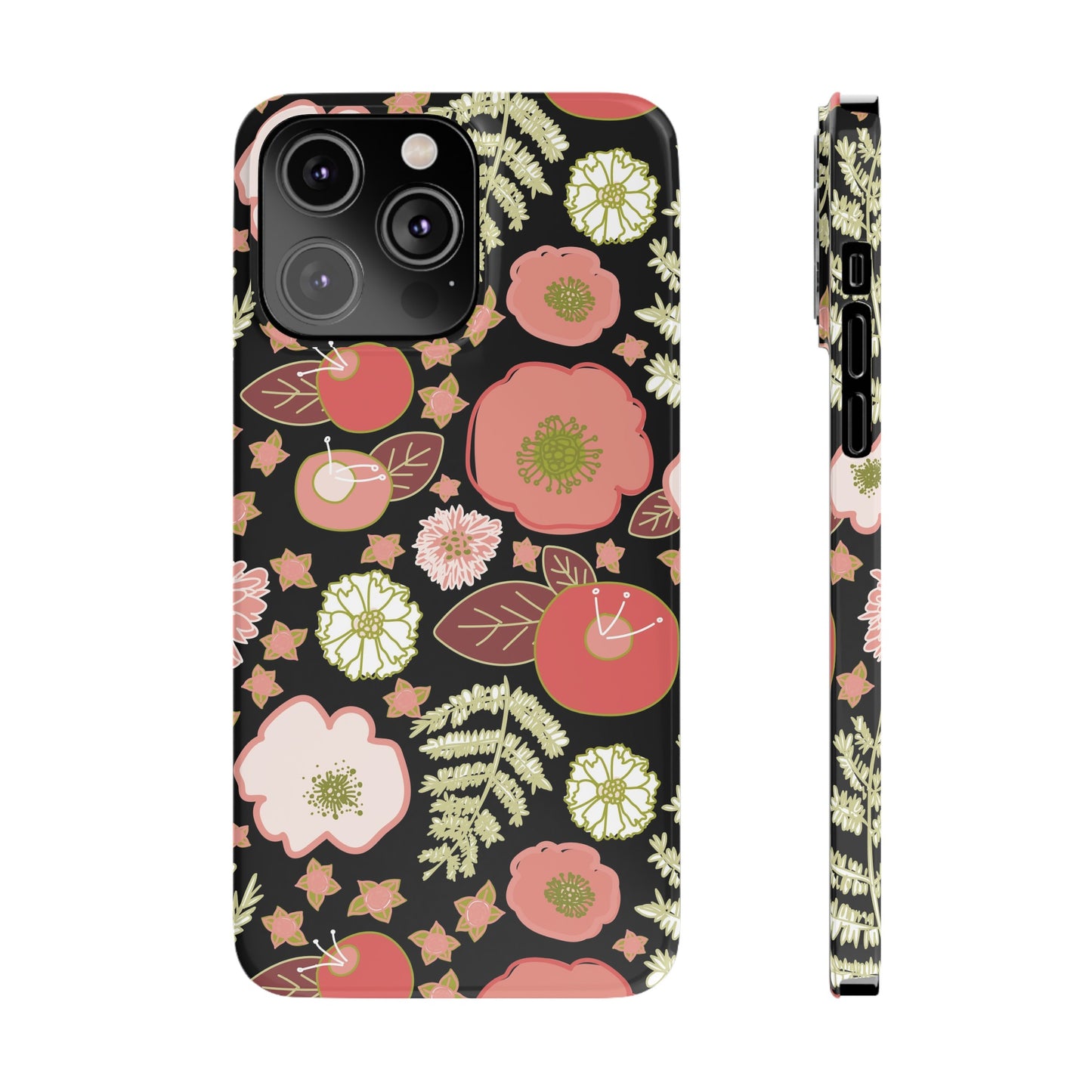 Coral Flowers on Black Slim Phone Cases