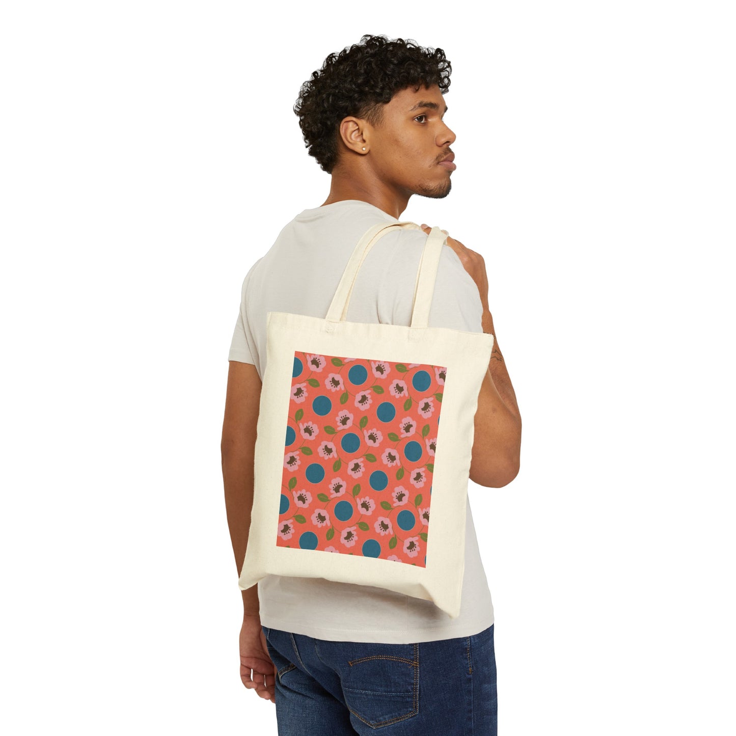 Wildflowers with Dots in Coral and Blue Cotton Canvas Tote Bag