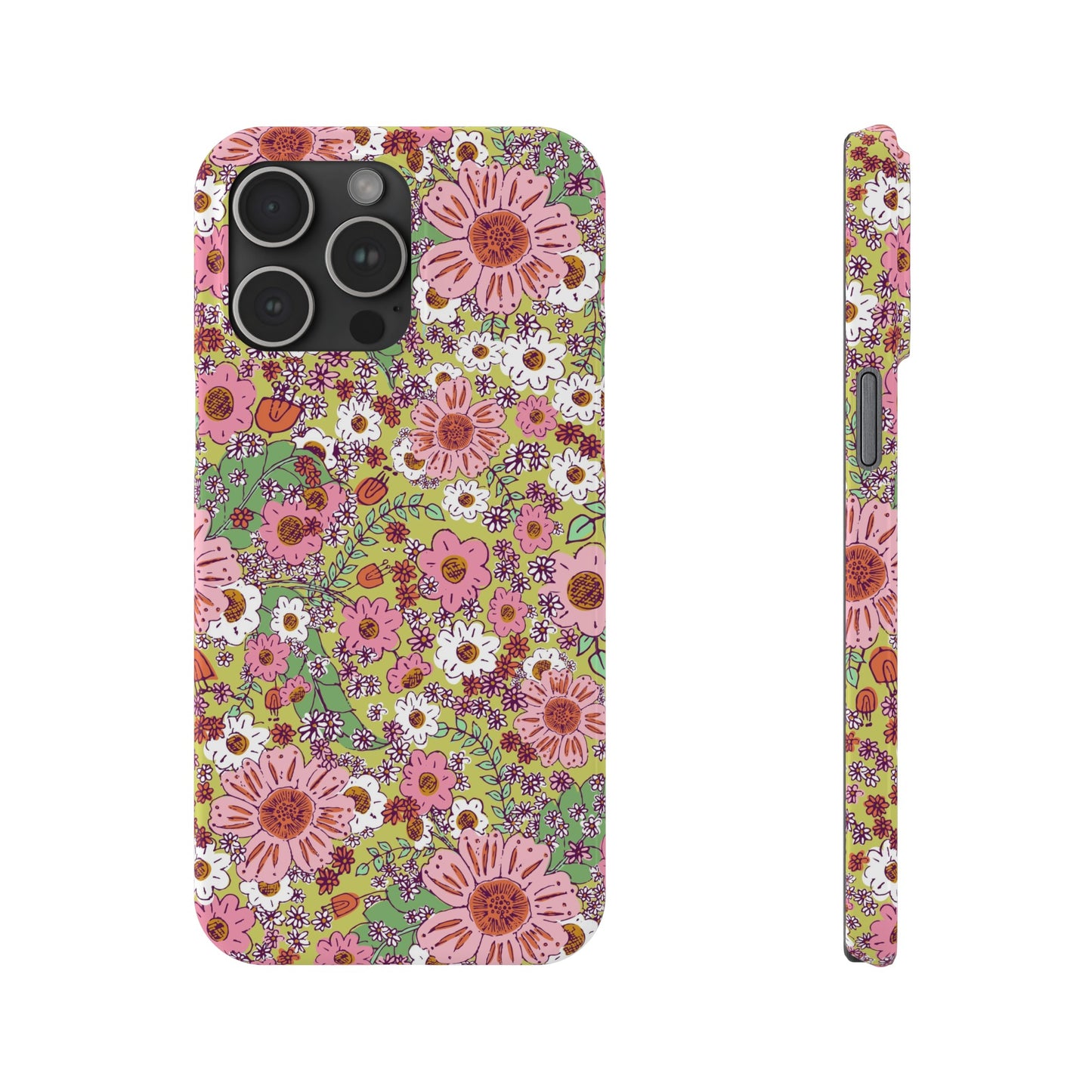 Cheerful Watercolor Flowers on Bright Green Slim Phone Cases