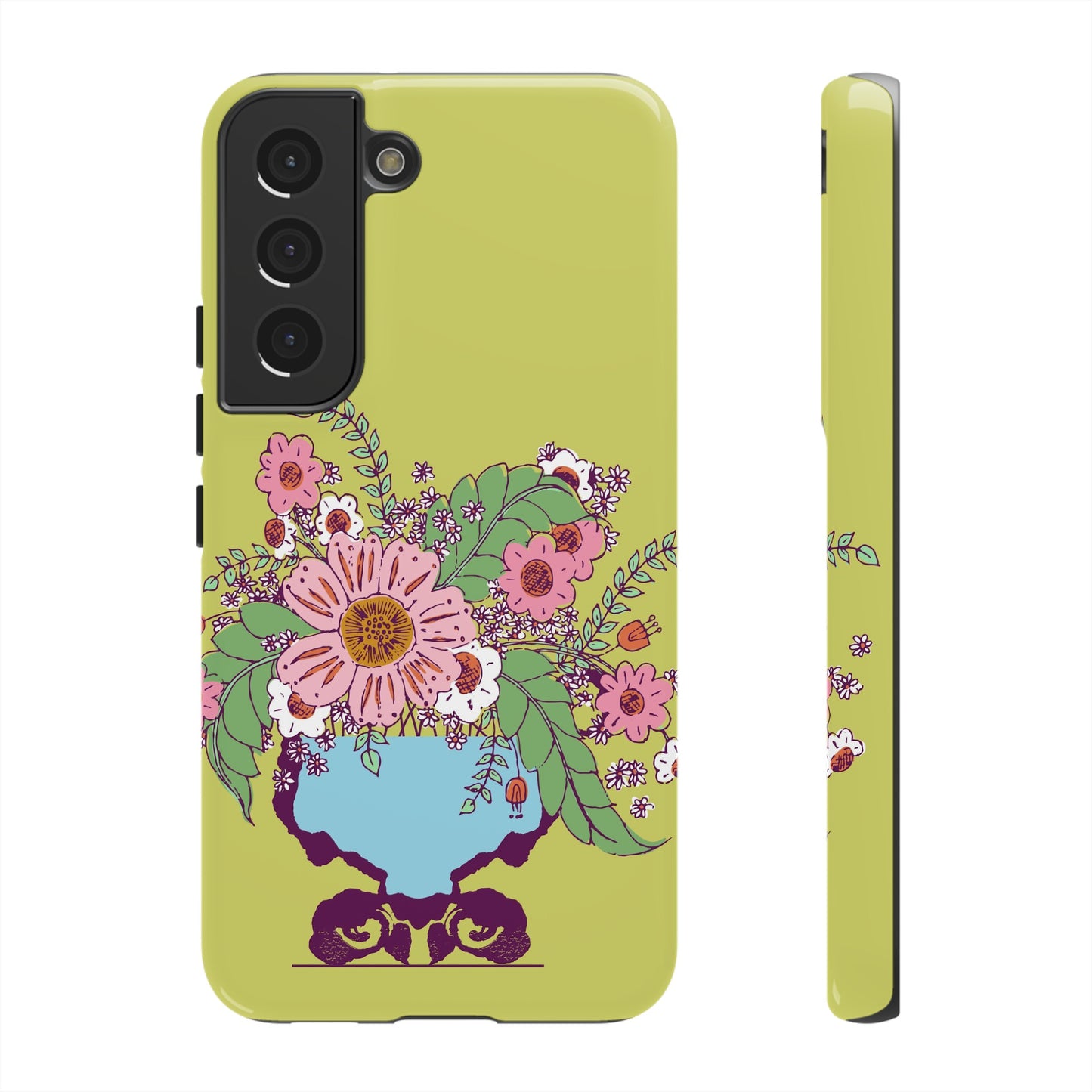 Cheerful Watercolor Flowers in Vase on Bright Green Tough Cases for Samsung