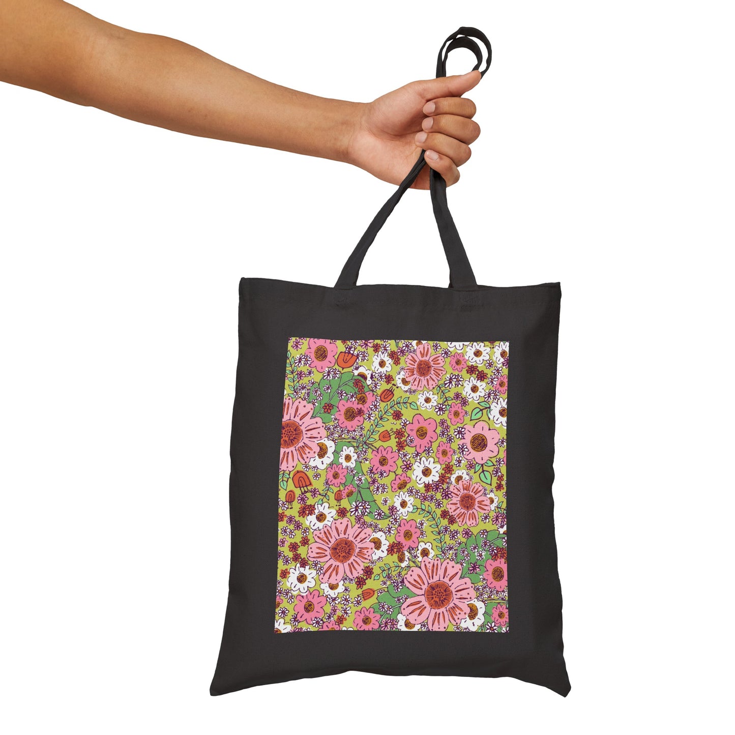 Cheerful Watercolor Floral on Bright Green Cotton Canvas Tote Bag