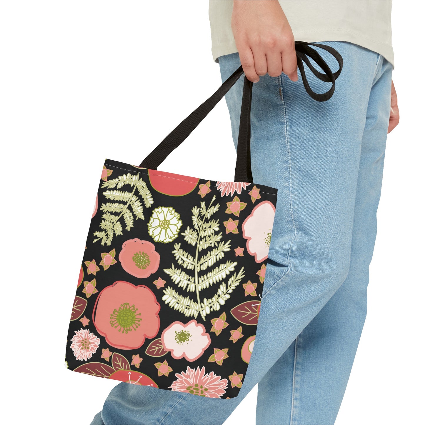 Coral Flowers on Black Tote Bag