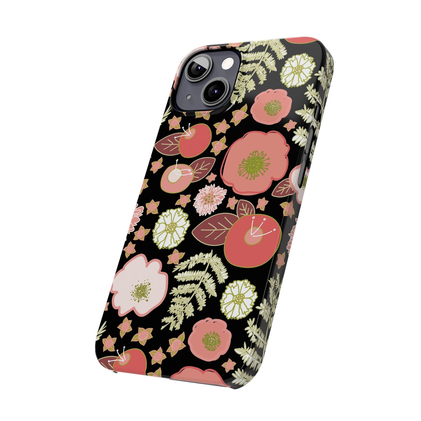 Coral Flowers on Black Slim Phone Cases