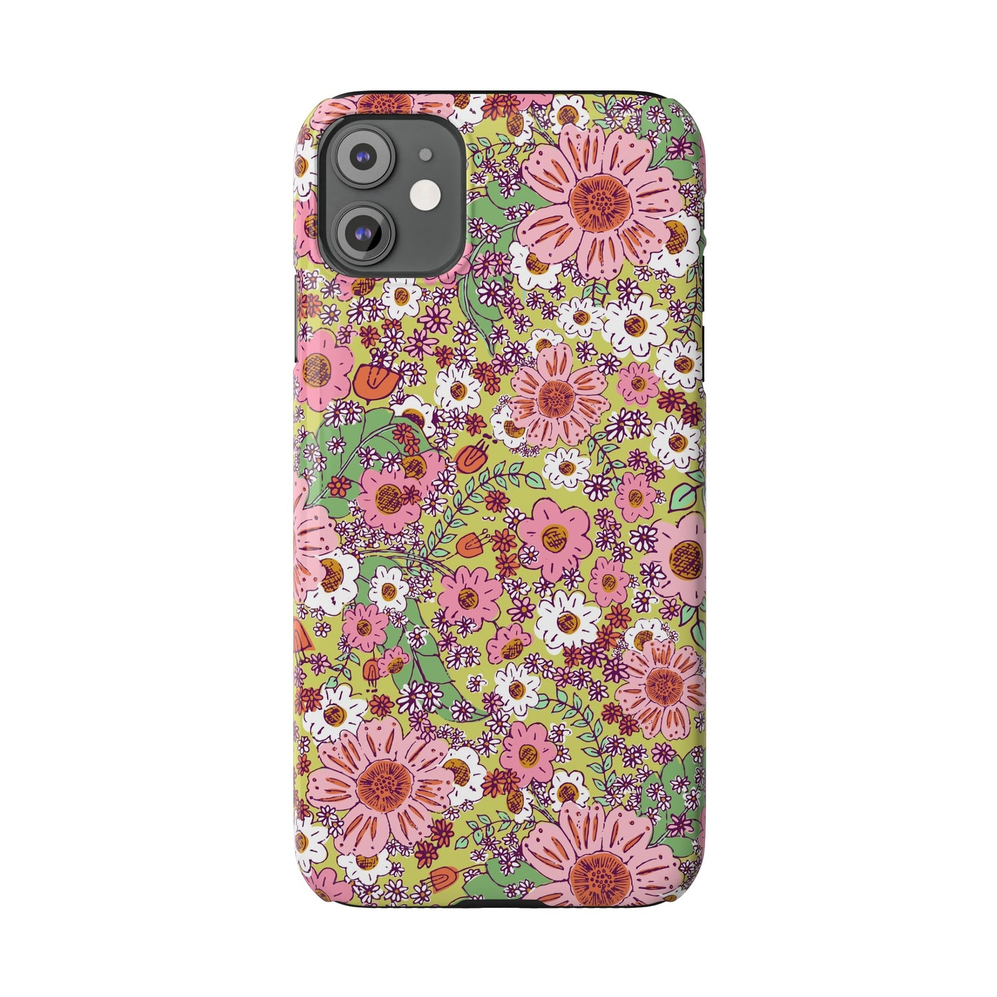 Cheerful Watercolor Flowers on Bright Green Slim Phone Cases