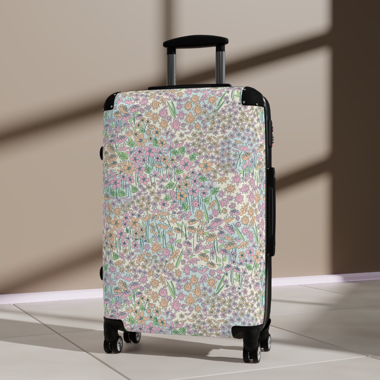 Orange and Pink Flowers on Blue Dot Suitcase