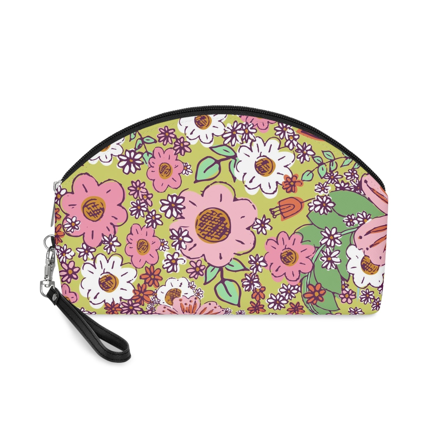 Cheerful Watercolor Flowers on Bright Green Makeup Bag