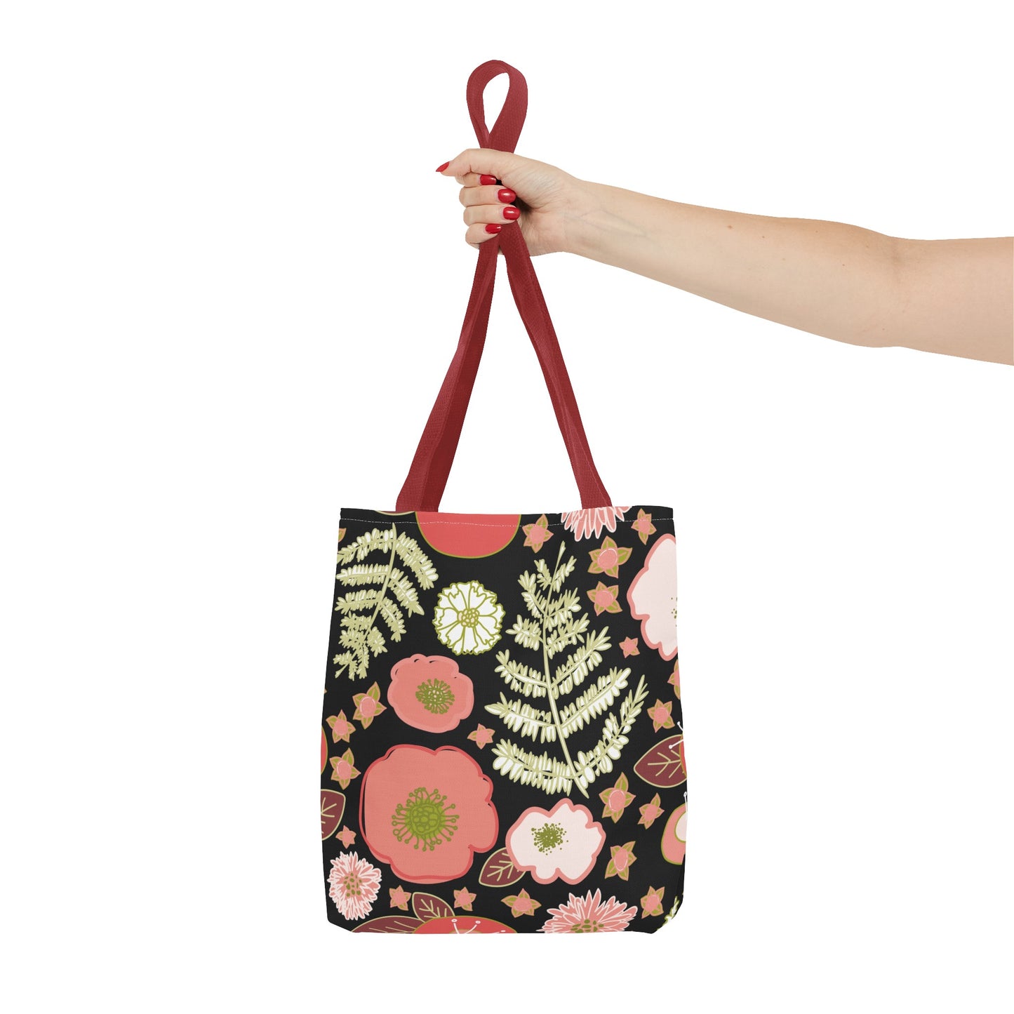 Coral Flowers on Black Tote Bag